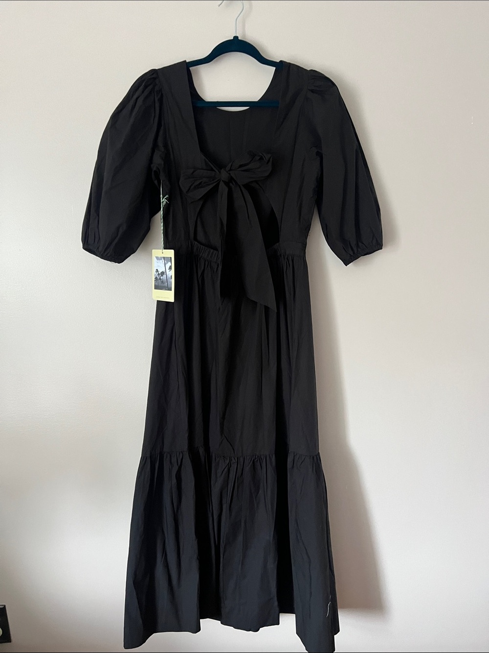 Trovata Cotton Birds of Paradis Black Puff Sleeve Bow Back Midi Dress M NWT - Picture 3 of 13